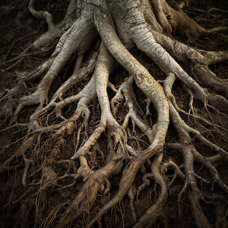 This image presents a detailed close-up of thick, weathered tree roots spreading through dark earth. The gnarled and interwoven root system is a testament to the tree's age and strength. Light highlights the textured, woody surfaces, creating a dramatic interplay of light and shadow that emphasizes the complexity of the underground structure.の素材