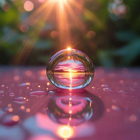 A clear crystal ball is positioned on a textured pink surface, creating a captivating reflection of a sunset sky. The sun's rays pierce through the scene, casting a warm glow and creating a starburst effect. Small water droplets are scattered on the surface, and the background is softly blurred with bokeh lights, suggesting an outdoor or atmospheric setting.の素材
