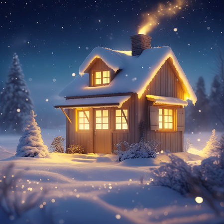 A charming wooden cabin is nestled in a snowy landscape under a dark, star-filled night sky. The cabin's windows and doorway emit a warm, inviting yellow glow, and a plume of smoke or steam rises from the chimney. Snow covers the roof, trees, and surrounding bushes, creating a serene and magical winter scene with soft bokeh lights scattered throughout.の素材