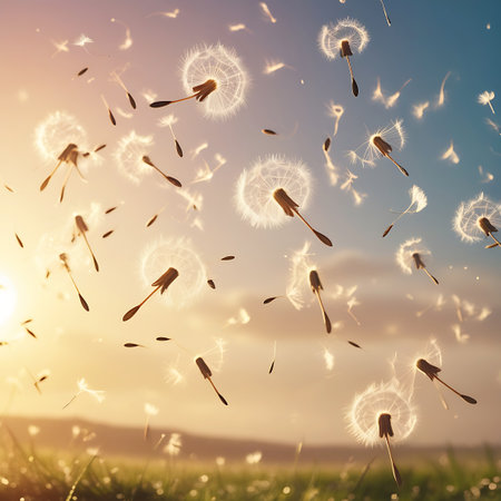 A close-up view of many dandelion seed heads are shown floating and scattering in the air. The scene is illuminated by the warm, golden light of a sunset, creating a soft, glowing effect and a blurred background of a grassy field and distant water. The image emphasizes the delicate nature of the seeds and the gentle movement caused by the wind.の素材