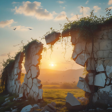 An ancient, crumbling stone structure, resembling an archway or wall, is covered in lush green ivy. The opening in the structure looks out onto a landscape bathed in the warm orange and yellow light of sunset. Hills are visible in the distance, and a few birds are flying in the sky.の素材