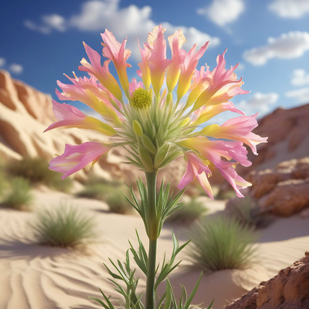 A detailed close-up showcases a unique desert flower with numerous delicate pink and yellow petals radiating outwards from a green, spiky center. The flower is rooted in sandy soil, surrounded by arid desert vegetation and rocky terrain under a bright blue sky with scattered clouds. The image emphasizes the intricate beauty and resilience of desert flora, with a focus on the flower's complex structure and vibrant colors.の素材
