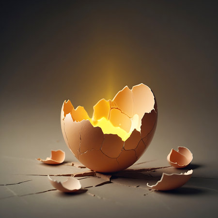 A cracked brown eggshell lies on a textured, neutral surface. Inside the broken shell, a bright, golden light emanates, casting a warm glow. Several smaller pieces of the eggshell are scattered around the main broken shell. The background is a soft, dark gradient.の素材