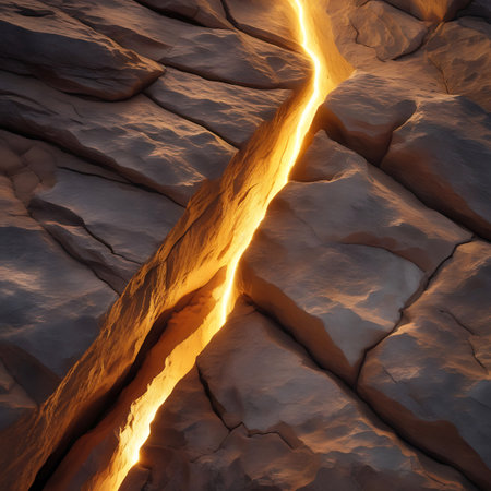 A close-up view of a deep crack in the earth's surface, revealing a vibrant, glowing seam of molten lava. The rough, textured rock formations on either side of the fissure are illuminated by the intense orange and yellow light emanating from within. The dramatic contrast between the dark rock and the bright, fiery glow creates a powerful visual representation of geological forces.の素材