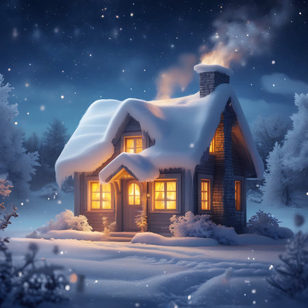 A charming, snow-covered cabin glows with warm light from its windows on a peaceful winter night. Smoke curls from the chimney, and soft snowfall drifts down through the dark, starry sky. Surrounding trees are also blanketed in snow, creating a serene and inviting winter wonderland scene.の素材