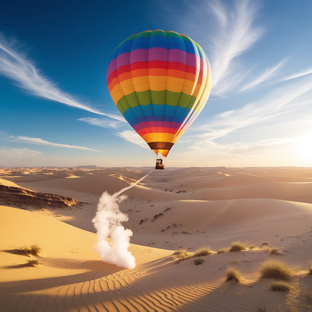 A striking rainbow-colored hot air balloon floats serenely over a sprawling desert landscape of sand dunes during what appears to be sunset or sunrise. The balloon is connected by a rope to a smoke signal on the ground, creating a visible trail of white smoke. The low angle of the sun bathes the sand in a warm, golden light, creating dramatic shadows and highlighting the textures of the dunes. The sky is a deep blue with streaks of white clouds.の素材