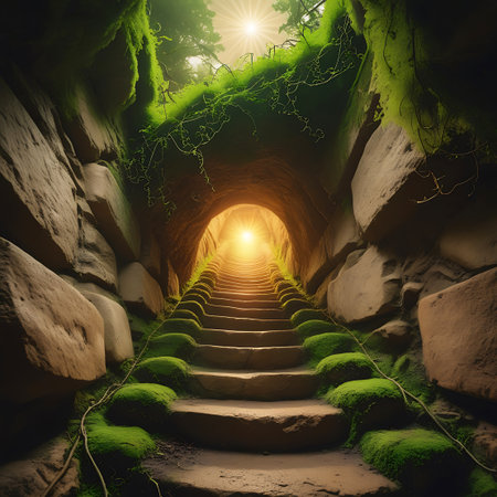 A series of stone steps forms a pathway leading through a natural archway or tunnel. The steps and the surrounding rock walls are heavily adorned with vibrant green moss and trailing vines. A bright, warm light emanates from the distant opening of the tunnel, drawing the viewer's eye upwards. The scene conveys a sense of mystery and a journey towards enlightenment.の素材