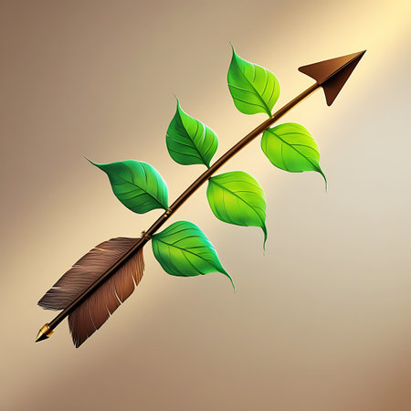 An arrow, with its shaft covered in lush green leaves and its fletching made of brown feathers, is depicted pointing towards the upper right. The arrowhead is sharp and metallic. The image conveys a sense of natural progress and forward momentum.の素材