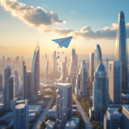 A light blue paper airplane is seen flying high above a modern city at sunset. The sky is filled with soft clouds and bathed in the warm glow of the setting sun. Behind the airplane, numerous small, fragmented pieces of paper are falling, suggesting a journey or transformation. The image captures a sense of movement and change against the backdrop of a bustling urban environment.の素材