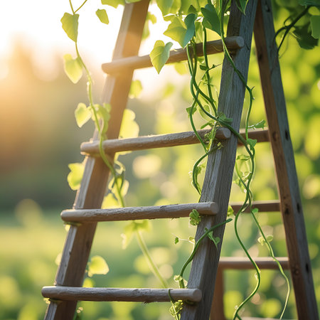 A close-up view of a weathered wooden ladder with numerous green vines and leaves climbing its rungs. A bright sun flare illuminates the scene from the upper left, casting a warm glow and creating a soft bokeh effect in the out-of-focus background of greenery. The image emphasizes the textures of the wood and the delicate vines.の素材