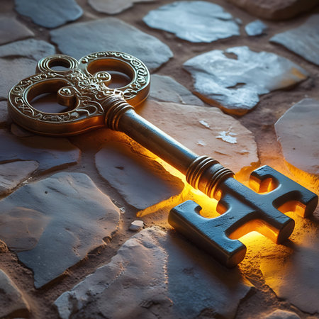 A detailed, ornate antique key with a golden hue lies on a rough, stone-covered surface. A warm, bright light emanates from beneath the key and the stones, creating a dramatic and inviting glow. The intricate scrollwork of the key's bow is clearly visible.の素材
