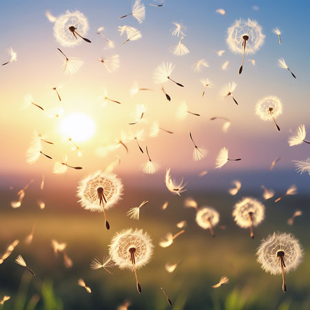 Dandelion seeds are dispersed by the wind against a soft sunset sky. The sun is low on the horizon, casting warm golden and orange light across the scene. Many fluffy dandelion seeds are captured mid-air, some with visible parachutes, creating a sense of movement and lightness. The foreground shows a blurred green grassy field, adding depth and a natural setting to the ethereal display.の素材