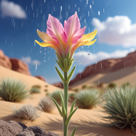 A vibrant desert flower with delicate pink and yellow petals stands tall amidst a sandy, arid landscape. Raindrops fall from a blue, cloudy sky, creating small splashes around the blooming plant. The flower's green stem and leaves are covered in fine hairs, and the surrounding environment features sparse desert vegetation, sand dunes, and scattered rocks, highlighting the resilience of life in a harsh climate.の素材