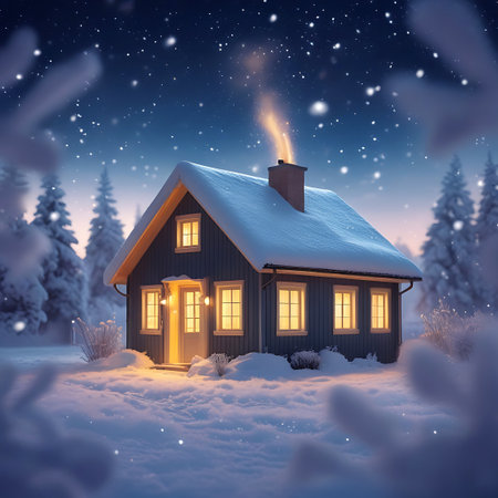 A dark blue wooden house stands in a snow-covered winter landscape under a deep blue night sky dotted with stars. Warm light emanates from the house's windows and doorway, contrasting with the cold, snowy surroundings. A gentle stream of smoke rises from the chimney. Pine trees and frosted bushes frame the scene, creating a peaceful and inviting atmosphere.の素材