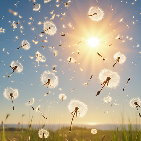 Numerous dandelion seeds are caught in the air, propelled by the wind under a bright, sunny sky. The sun is a prominent light source, creating strong rays and lens flares that illuminate the fluffy seeds. The seeds, with their delicate parachutes, are scattered across the frame, some appearing sharp and others softly blurred. A green, grassy field is visible in the foreground, out of focus, enhancing the airy and dynamic feel of the image.の素材