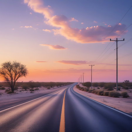 An asphalt highway with a distinct yellow center line curves into the distance through a desert landscape during sunset. The sky displays a beautiful blend of purple, pink, and soft orange hues, with wispy clouds. Telephone poles and power lines are visible along the roadside, and the arid terrain is sparsely covered with dry bushes and a few trees. The wet-looking asphalt reflects the colorful sky, evoking a sense of calm and journey.の素材