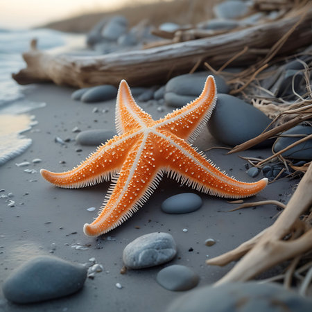An orange starfish with five arms lies on a textured beach composed of sand, small pebbles, and larger stones. Its body and arms are covered in intricate white patterns and small spikes. Weathered driftwood and dried plant material are scattered around the starfish. The gentle waves of the ocean are visible on the left side, with white foam washing onto the shore.の素材