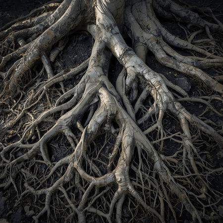A detailed view of a dense, interwoven tree root system is showcased against a dark soil background. The gnarled, weathered roots exhibit intricate patterns and textures, with light and shadow emphasizing their complex structure. This image focuses on the organic and resilient nature of the subterranean growth.の素材