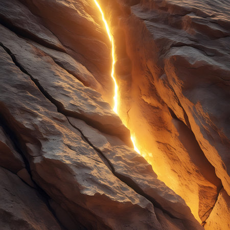 This image showcases a deep fissure splitting through rugged, rocky terrain. The crevice is filled with a brilliant, fiery glow, suggesting the presence of molten lava or intense heat from below. The textured surface of the rocks is highlighted by the warm light, creating a dramatic and powerful visual. The scene evokes a sense of raw geological power and subterranean energy.の素材