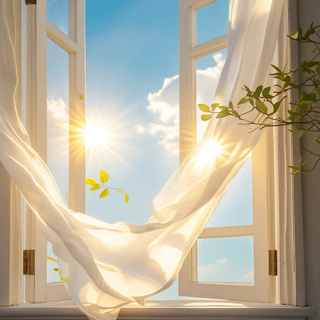 An open window with a wooden frame showcases a brilliant blue sky filled with white clouds. Two distinct sunbeams pierce through the opening, creating a radiant effect. Sheer white curtains are caught by the light and breeze, flowing dramatically. A small green plant with leaves is visible outside, adding a natural contrast to the bright sunlight.の素材