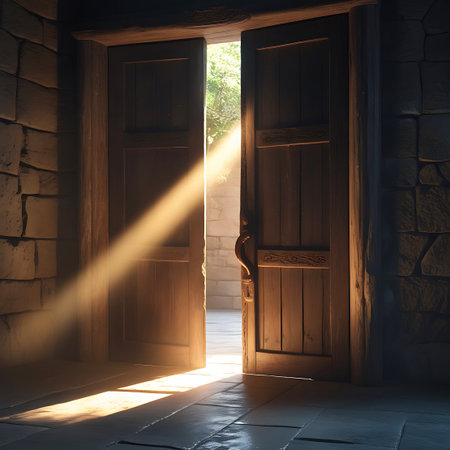 Two large wooden doors are opened, allowing a dramatic shaft of bright sunlight to stream through the gap. The light rays illuminate the dusty air and the textured stone floor. Beyond the doors, a hint of greenery suggests an outdoor scene. The doors are rustic and weathered, with a prominent handle.の素材