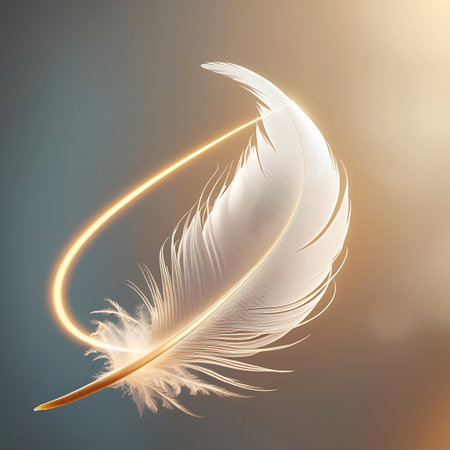 A single, delicate white feather is presented with a luminous golden ring of light encircling it. The feather appears to be floating, with soft light illuminating its fine details. The overall impression is one of ethereal beauty, peace, and gentle energy.の素材
