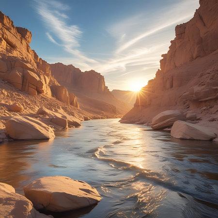 A river winds through a desert canyon, with large, weathered rocks and boulders scattered along its banks and in the water. The setting sun bathes the scene in warm, golden light, highlighting the textures of the sandstone cliffs and the rippling surface of the water. Wispy clouds drift in the sky.の素材