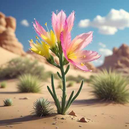 A single desert flower with delicate pink and yellow petals stands tall in a sandy, arid landscape. Water droplets cling to the petals, reflecting the bright sunlight and blue sky with fluffy clouds. In the background, blurred rock formations and sparse desert bushes create a sense of vastness and dryness. Small succulents and rocks are scattered in the foreground, emphasizing the harsh environment where this vibrant bloom thrives.の素材