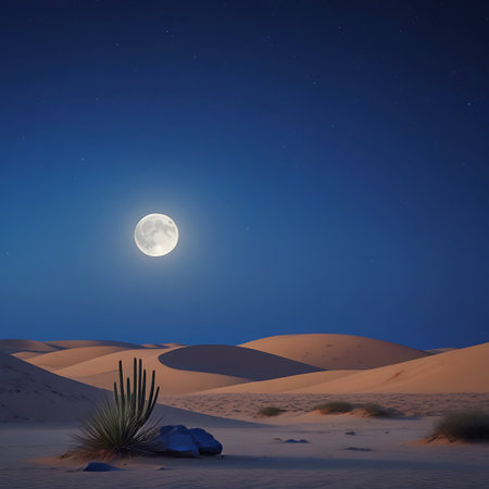 A bright full moon hangs in a dark blue sky dotted with tiny stars, casting a soft light over a desert landscape. Gentle sand dunes create rolling patterns across the scene. In the foreground, an agave plant and a few rocks are visible. The image evokes a sense of quiet and the expansive beauty of a desert night.の素材