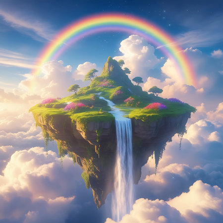 A surreal floating island hangs suspended in a vibrant sky filled with fluffy white clouds and a brilliant rainbow arching overhead. Lush green grass covers the island's surface, dotted with colorful flowers and small trees. A majestic waterfall cascades from the island's edge, its water falling into the clouds below. The scene evokes a sense of fantasy and wonder.の素材