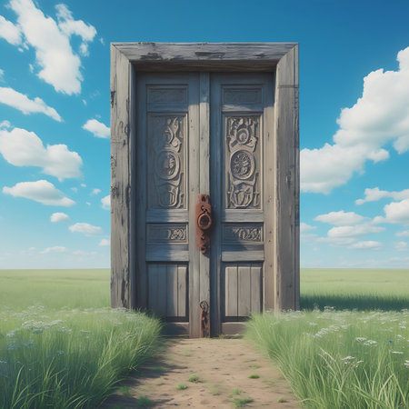 A pair of weathered double wooden doors, featuring intricate ornate carvings, stand in the middle of a vast green meadow filled with white wildflowers. A dirt path leads to the doors under a bright blue sky with fluffy white clouds. The scene presents a surreal and intriguing portal in an open landscape.の素材