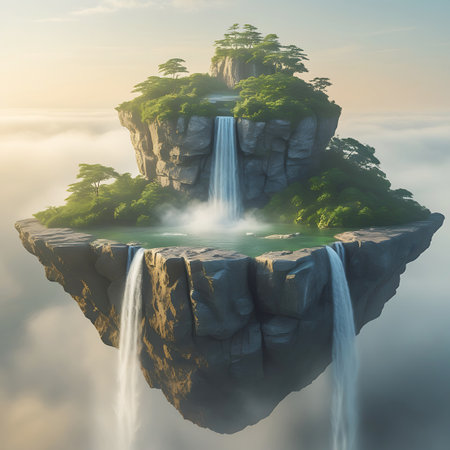 A breathtaking floating island is presented, featuring dramatic waterfalls that plunge from its rocky edges. Atop the island, a serene turquoise pool reflects the soft, ethereal light. Lush green vegetation covers the rugged terrain, and mist swirls around the base, creating a magical and tranquil scene suspended in the sky.の素材