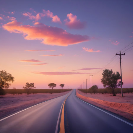 An empty asphalt highway stretches forward through a desert environment under a dramatic sunset sky. The sky is a vivid mix of purple, pink, and orange, with prominent, brightly colored clouds. Telephone poles and power lines follow the road, and the surrounding arid land features sparse bushes and trees. The road's surface reflects the intense colors of the sky, creating a visually striking and peaceful scene of a journey.の素材