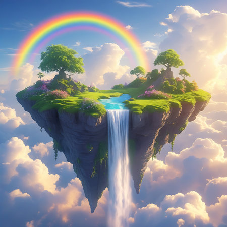 A fantastical floating island drifts in a bright blue sky, adorned with a vibrant rainbow. The island is covered in verdant grass, scattered with blooming flowers and mature trees. A waterfall plunges from its edge, disappearing into the soft clouds below. A small, winding river flows across the island's surface, adding to the idyllic scene.の素材