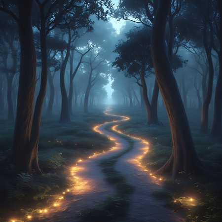 A winding path through a dark, misty forest is illuminated by numerous small, glowing orange lights that appear to be fairy lights. The lights are scattered along the sides of the path and on the forest floor, casting a warm, magical glow. Tall, dark trees with dense foliage surround the path, and the atmosphere is thick with mist, creating an ethereal and enchanting scene.の素材