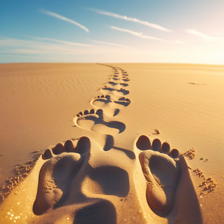 A close-up view of footprints pressed into golden sand, leading a clear path towards a distant horizon. The sun is low in the sky, casting a warm, golden light across the scene and illuminating the texture of the sand. The sky is a soft blue with wispy clouds, suggesting either sunrise or sunset. The image conveys a sense of journey and solitude.の素材