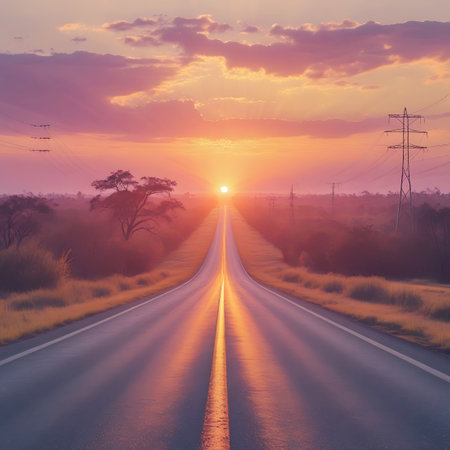 A long, straight asphalt road with a prominent white center line recedes into the distance towards a dramatic sunset. The sun is a glowing orb on the horizon, casting warm, fiery light and creating visible sun rays that spread across the sky. The sky is filled with textured clouds in shades of pink, purple, and orange. The surrounding landscape features sparse trees and dry, golden grassland, with power lines visible on either side. The image conveys a sense of journey and endless possibility.の素材