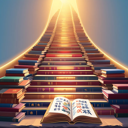 An endless staircase, formed by meticulously arranged books, ascends towards a brilliant, golden light. The books, in a variety of colors and bindings, create a visually striking and symbolic pathway. An open book with colorful illustrations and text rests at the base of the stairs, representing the beginning of a journey through learning.の素材