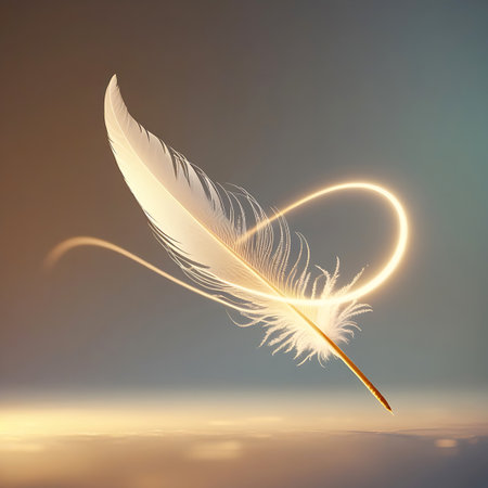 A pristine white feather is depicted in a studio setting, illuminated by a soft, warm glow. A golden light creates a dynamic, swirling path that encircles the feather, adding a sense of movement and magic. The background is a smooth gradient, emphasizing the feather's delicate nature and the luminous light.の素材