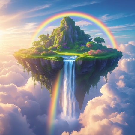 A lush green floating island is depicted suspended in a cloudy sky, featuring a cascading waterfall that plunges into the mist below. A vibrant rainbow arches gracefully over the island, framing its peak which is adorned with trees and colorful flowers. The scene evokes a sense of fantasy, serenity, and otherworldly beauty.の素材
