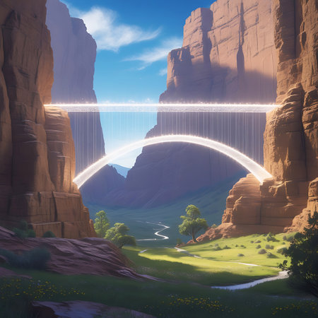 A surreal, glowing arch bridge made of light spans a vast canyon between towering rock formations. Below, a lush green valley with a winding river and scattered trees is bathed in sunlight. The sky is a vibrant blue with wispy clouds, creating a dreamlike and serene atmosphere.の素材