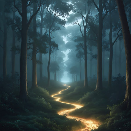 A luminous golden path winds its way through a deep, dark forest shrouded in mist. The path is the primary source of light, casting a warm glow on the surrounding trees and undergrowth. The trees are tall and imposing, with dense foliage and dark trunks, creating a sense of enclosure. The mist adds to the ethereal and mysterious atmosphere, making the scene feel magical and otherworldly.の素材