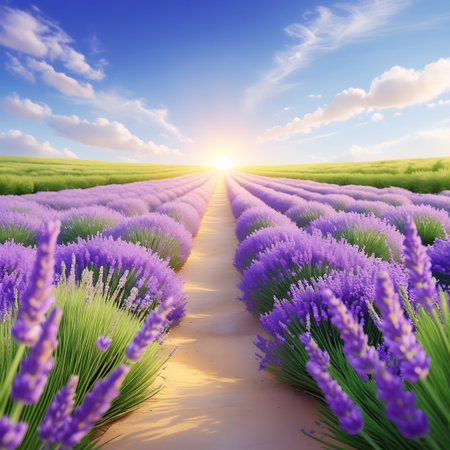 A vibrant lavender field stretches towards the horizon under a bright blue sky filled with fluffy white clouds. A sandy path divides the rows of blooming purple lavender, leading the eye towards the glowing sun. The surrounding landscape is lush green, creating a picturesque and serene natural scene.の素材
