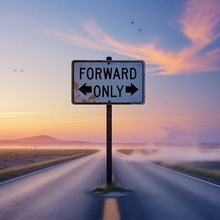A "FORWARD ONLY" road sign with both left and right pointing arrows is centered on a post along a misty highway at sunset. The sky is illuminated with warm, pastel colors, and a few birds are visible. The road stretches out, disappearing into a gentle fog, evoking a sense of open possibilities and a clear directive for movement.の素材