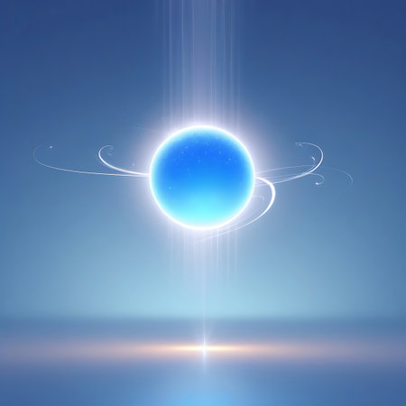 A luminous blue sphere glows brightly, emitting vertical light beams and subtle swirling patterns against a soft, gradient blue background. Small particles add a sense of cosmic energy to the scene. The overall impression is one of abstract, radiant energy and technological or celestial wonder.の素材