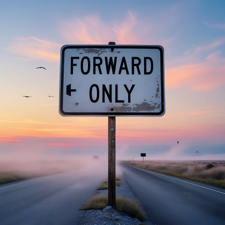 A weathered "FORWARD ONLY" road sign with a left-pointing arrow stands on a post beside a misty highway at sunset. The sky is painted with soft hues of orange, pink, and blue, with scattered clouds and a few silhouetted birds in flight. The road stretches into the distance, disappearing into a thick layer of fog, creating a sense of mystery and atmospheric depth.の素材