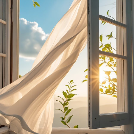 An open window with a white wooden frame offers a view of a bright sky with scattered clouds. A light breeze causes the sheer white curtains to gently sway and flow. Sunlight illuminates the scene, casting a warm glow. A green plant with leaves is visible outside the window, and a soft, hazy landscape can be seen in the distance.の素材