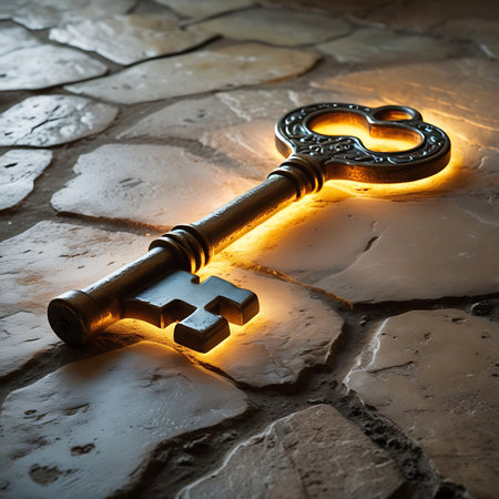 An ornate golden key rests on a textured stone floor, bathed in a warm, glowing light that emanates from behind it. The light creates a halo effect around the key, emphasizing its intricate details and metallic sheen. The stone surface is rough and uneven, providing a stark contrast to the polished key.の素材