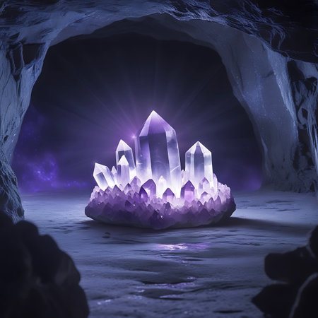 A large cluster of luminous purple amethyst crystals sits on a rocky surface within a dark cave. The crystals emit a bright, radiant glow, with light beams emanating from the central points. The background hints at a cosmic scene with swirling purples and faint stars, creating a mystical and otherworldly atmosphere. The cave walls are rough and textured, contrasting with the smooth facets of the crystals.の素材