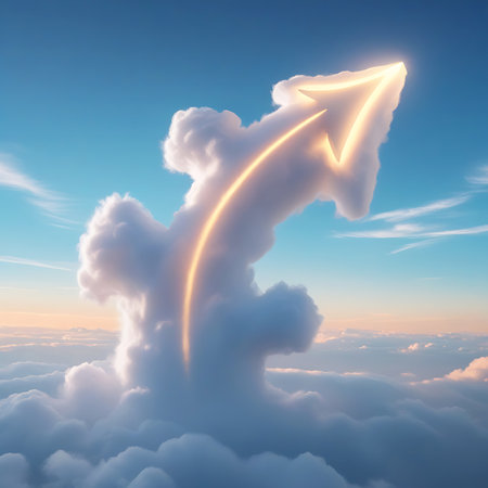 A large, fluffy cloud is shaped like an arrow pointing upwards and is illuminated from within by a warm, golden glow. The cloud is ascending through a serene sky filled with softer, wispy clouds, suggesting a sense of progress, ambition, or a breakthrough. The lighting evokes a sense of dawn or dusk, adding to the ethereal and inspirational mood.の素材